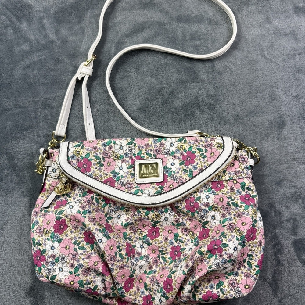 Juicy Couture Light Pink Floral Shoulder Bag Leather Trim Gold Hardware